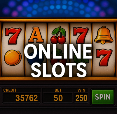  Bright online slot machine reels showing classic symbols with vibrant colors and text ONLINE SLOTS.